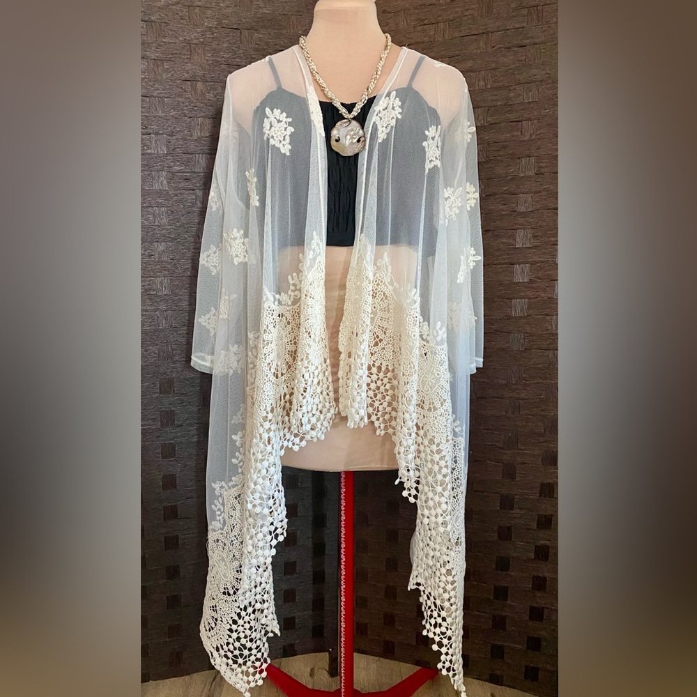 Elegant Sheer White Lace Crochet Kimono Cardigan